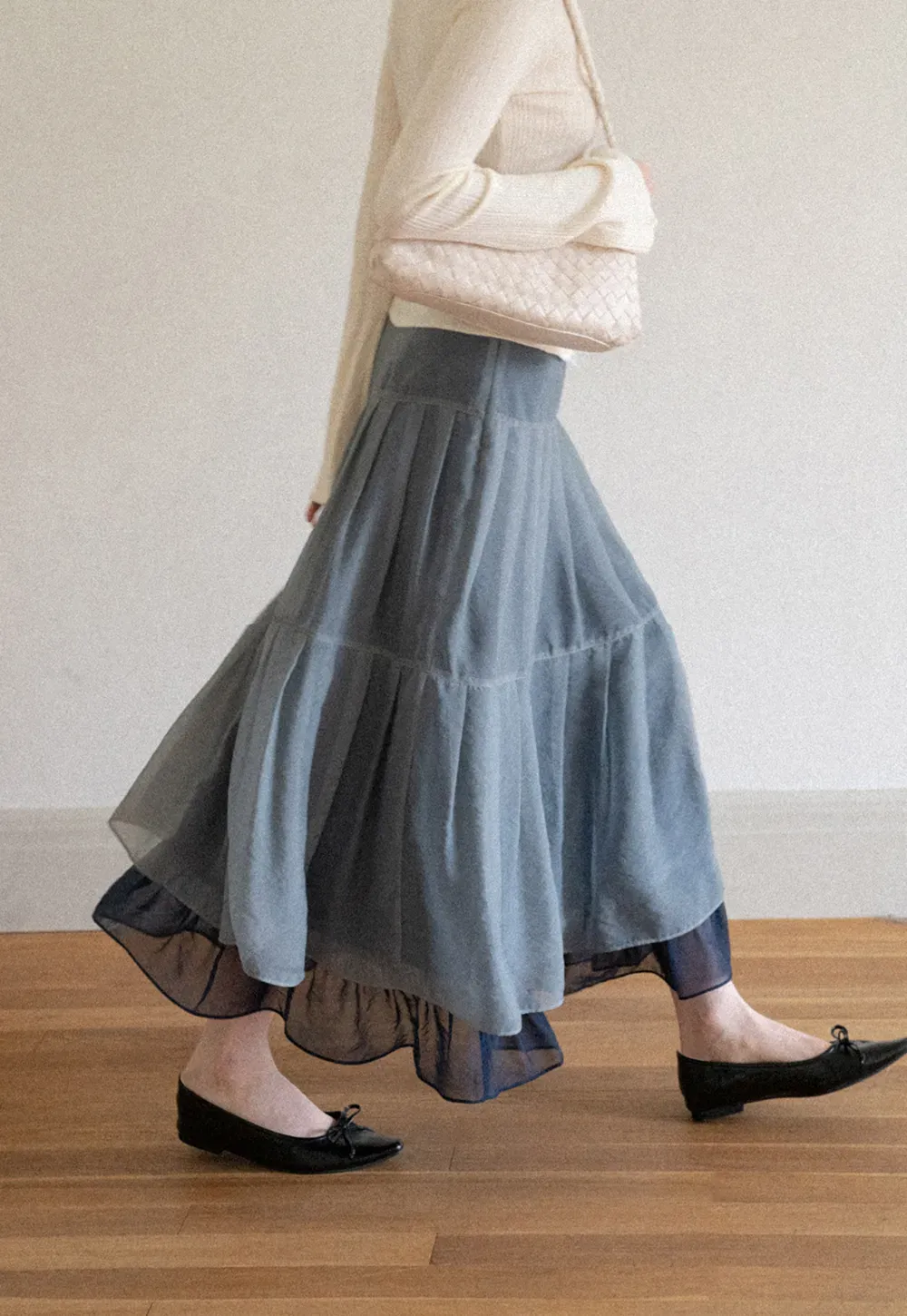 Tiered Sheer Overlay Midi Skirt