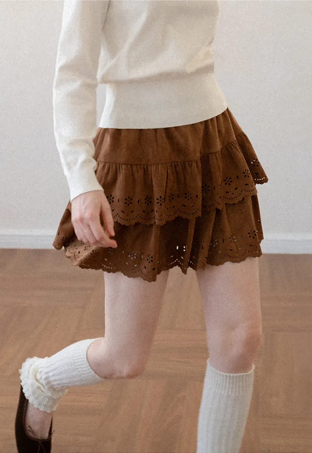 Tiered Skirt with Laser Cut Floral Eyelet Detail