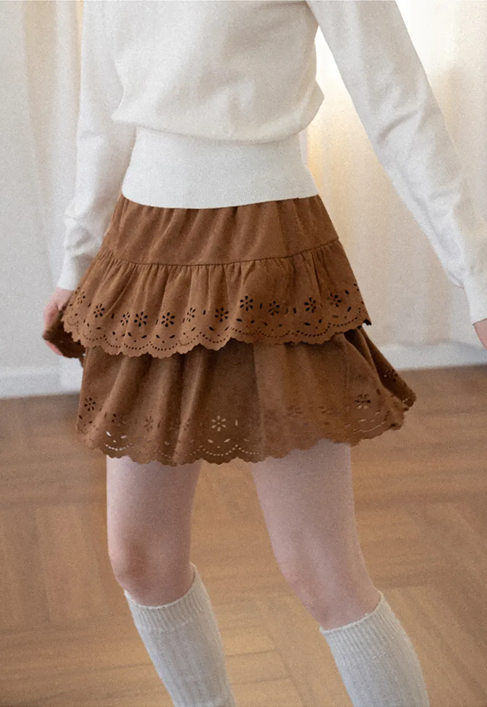 Tiered Skirt with Laser Cut Floral Eyelet Detail