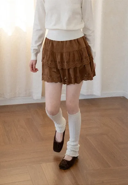 Tiered Skirt with Laser Cut Floral Eyelet Detail