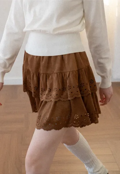 Tiered Skirt with Laser Cut Floral Eyelet Detail