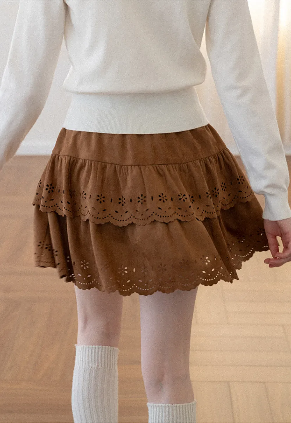 Tiered Skirt with Laser Cut Floral Eyelet Detail