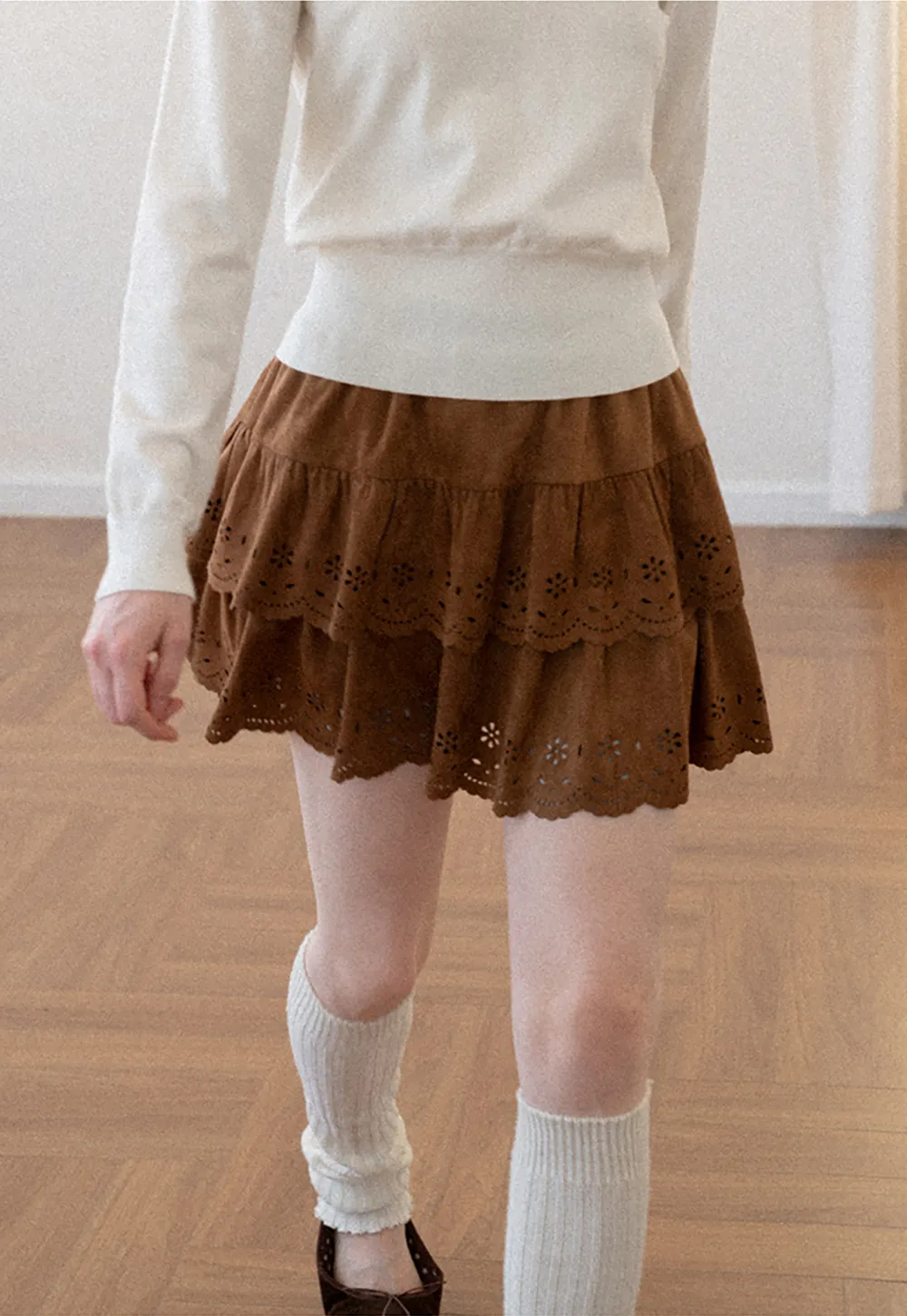 Tiered Skirt with Laser Cut Floral Eyelet Detail