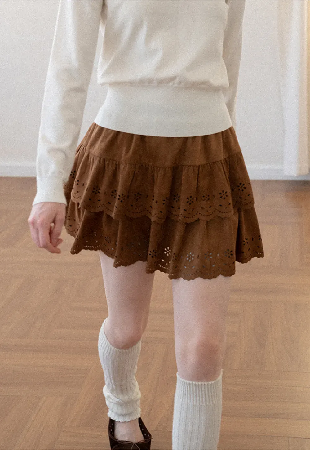 Tiered Skirt with Laser Cut Floral Eyelet Detail