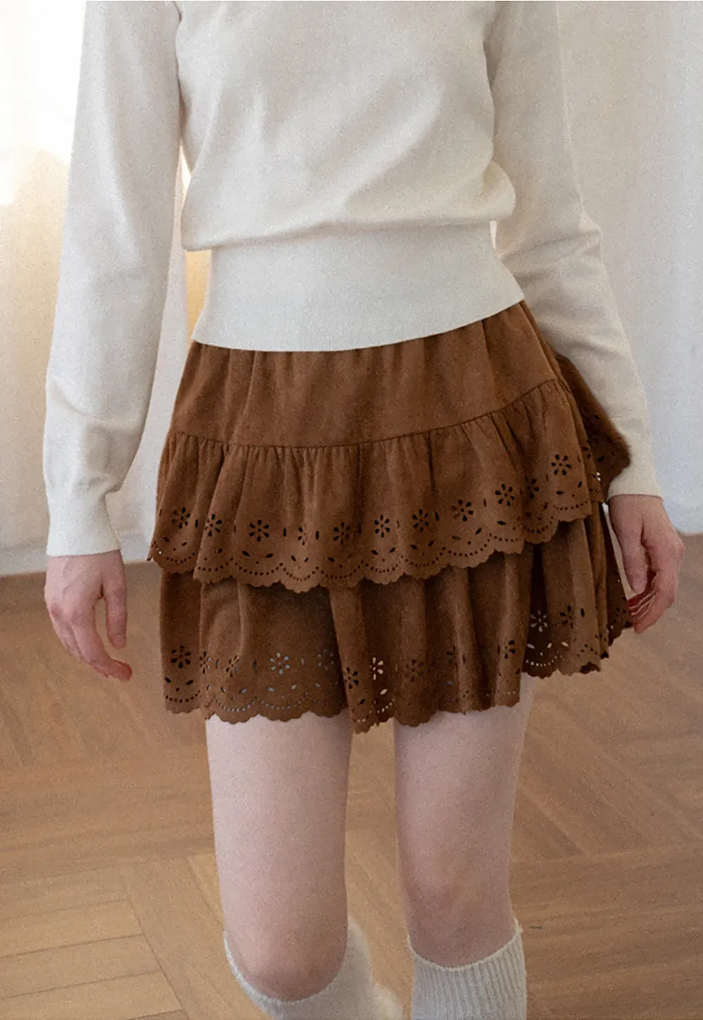 Tiered Skirt with Laser Cut Floral Eyelet Detail
