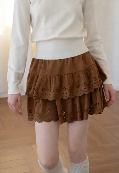 Tiered Skirt with Laser Cut Floral Eyelet Detail