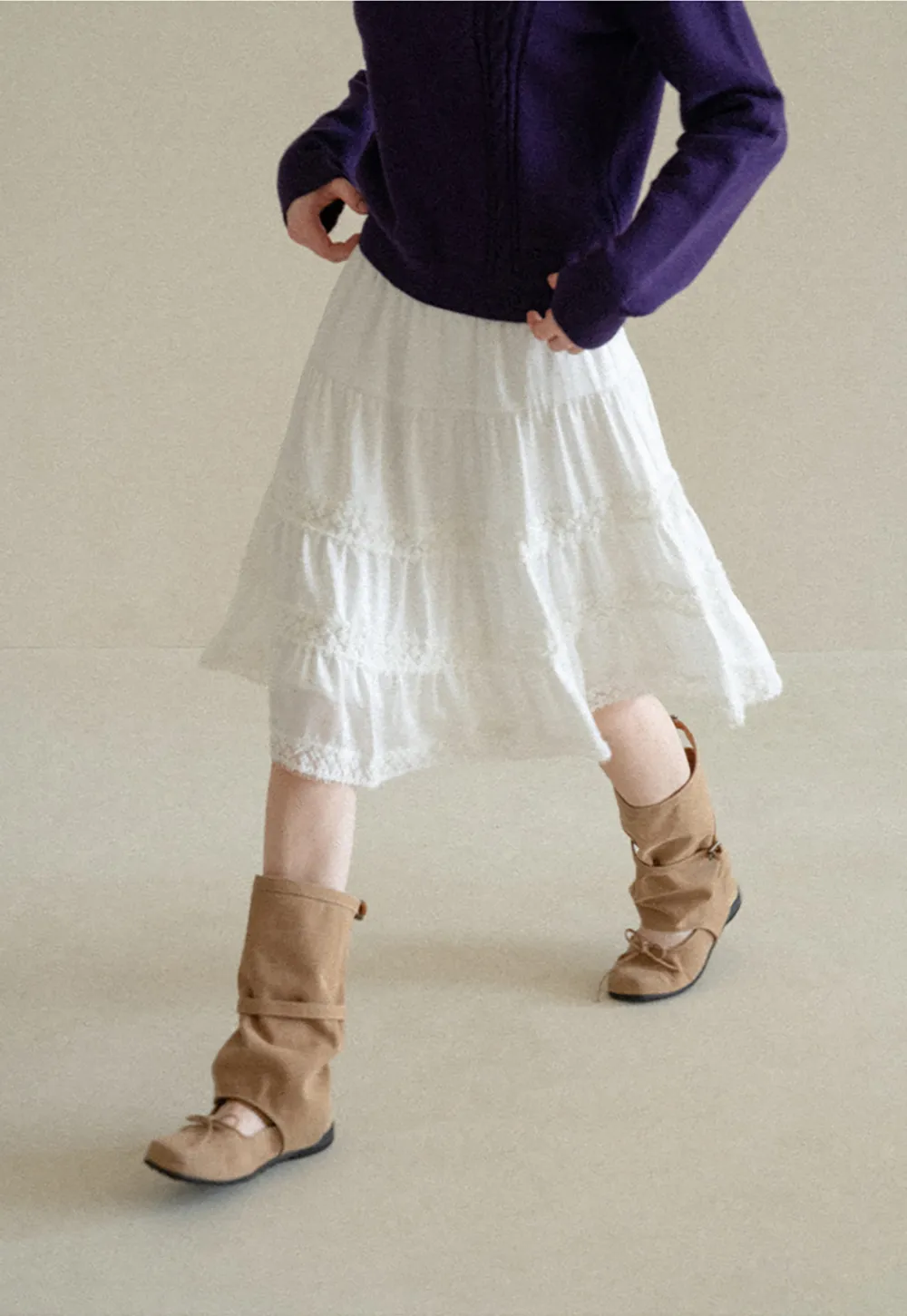 Tiered Skirt with Lace Trim and Elastic Waist