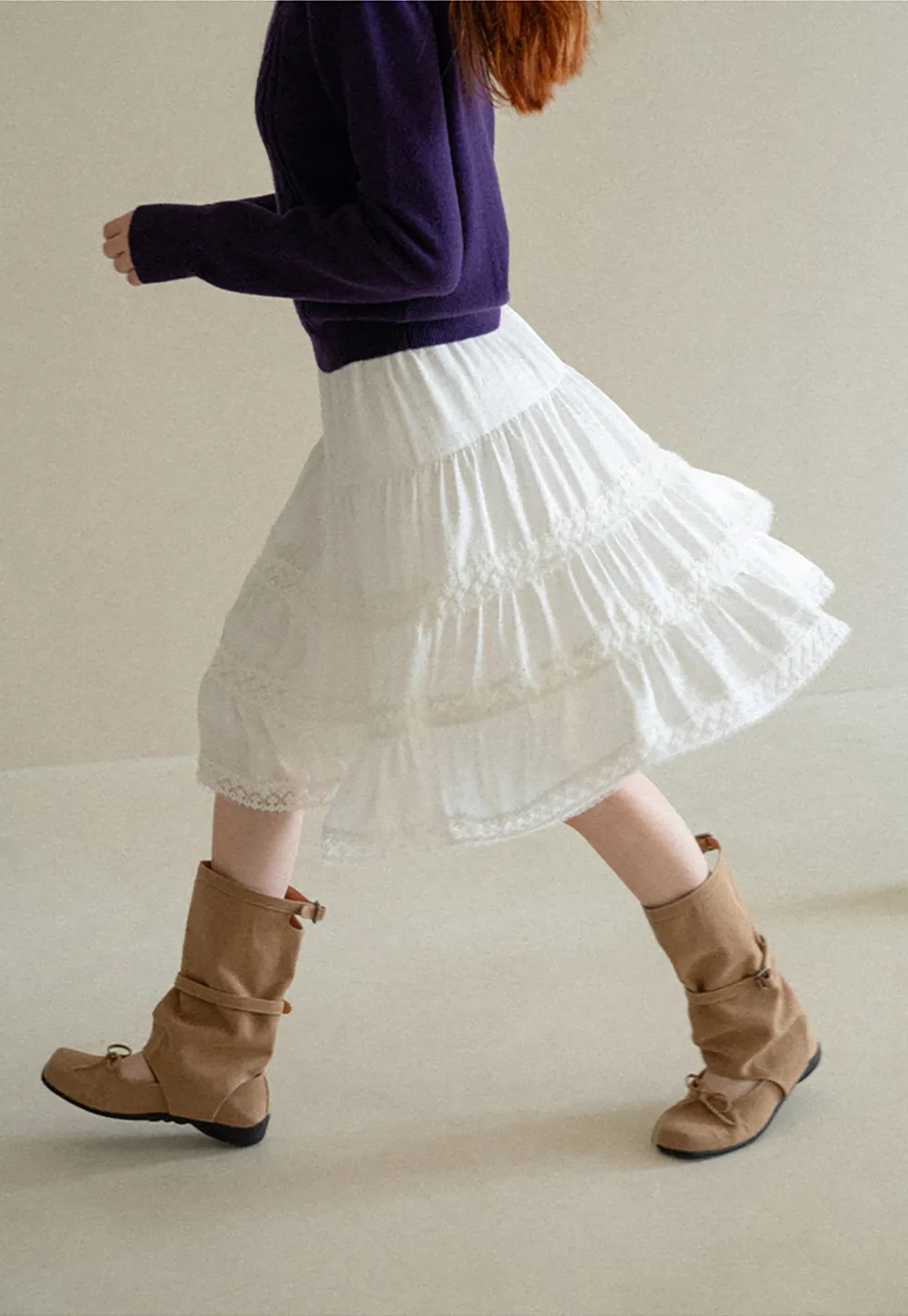 Tiered Skirt with Lace Trim and Elastic Waist
