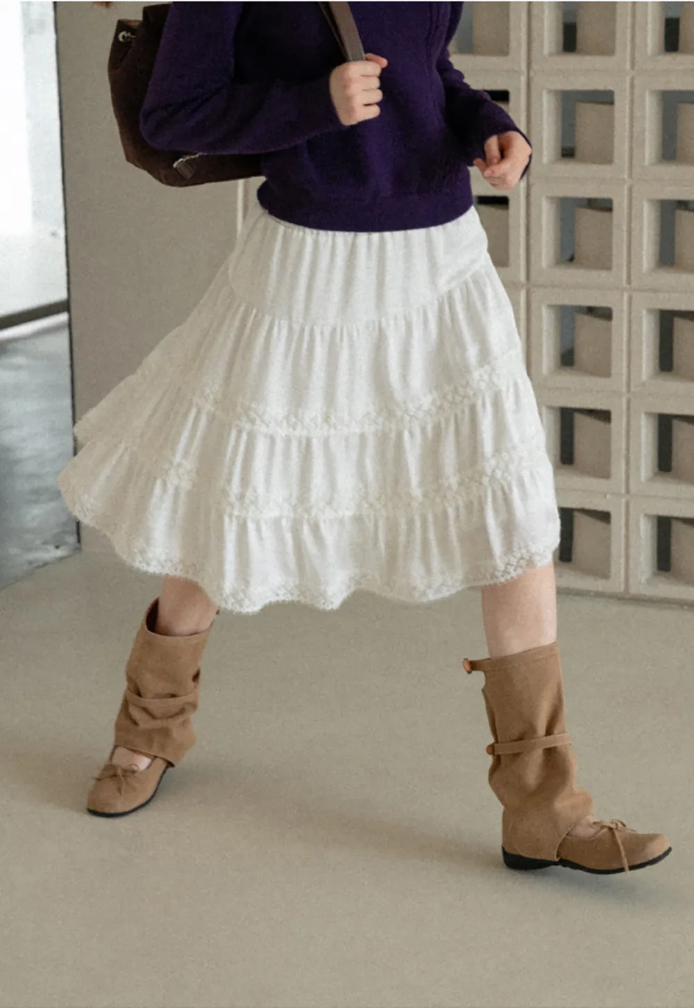 Tiered Skirt with Lace Trim and Elastic Waist