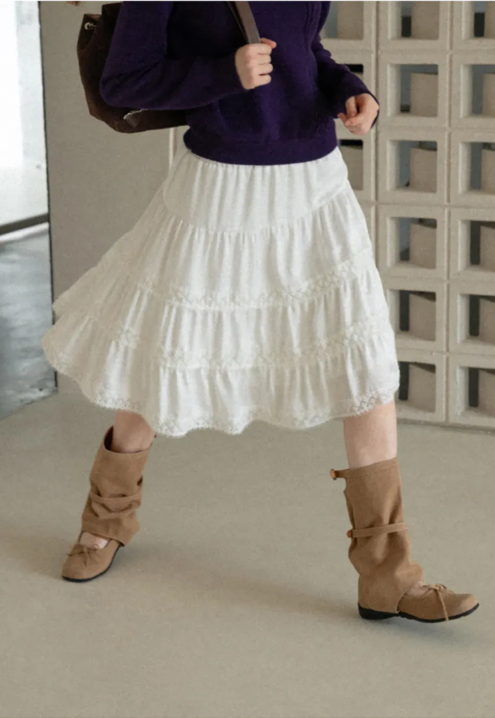 Tiered Skirt with Lace Trim and Elastic Waist