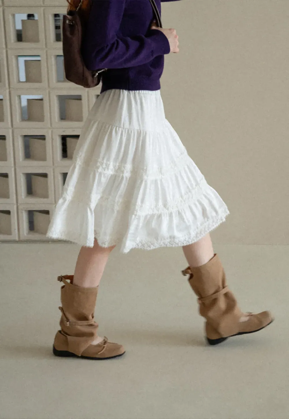 Tiered Skirt with Lace Trim and Elastic Waist