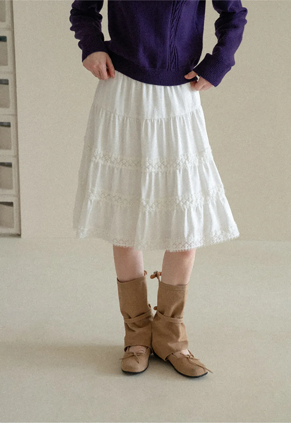 Tiered Skirt with Lace Trim and Elastic Waist
