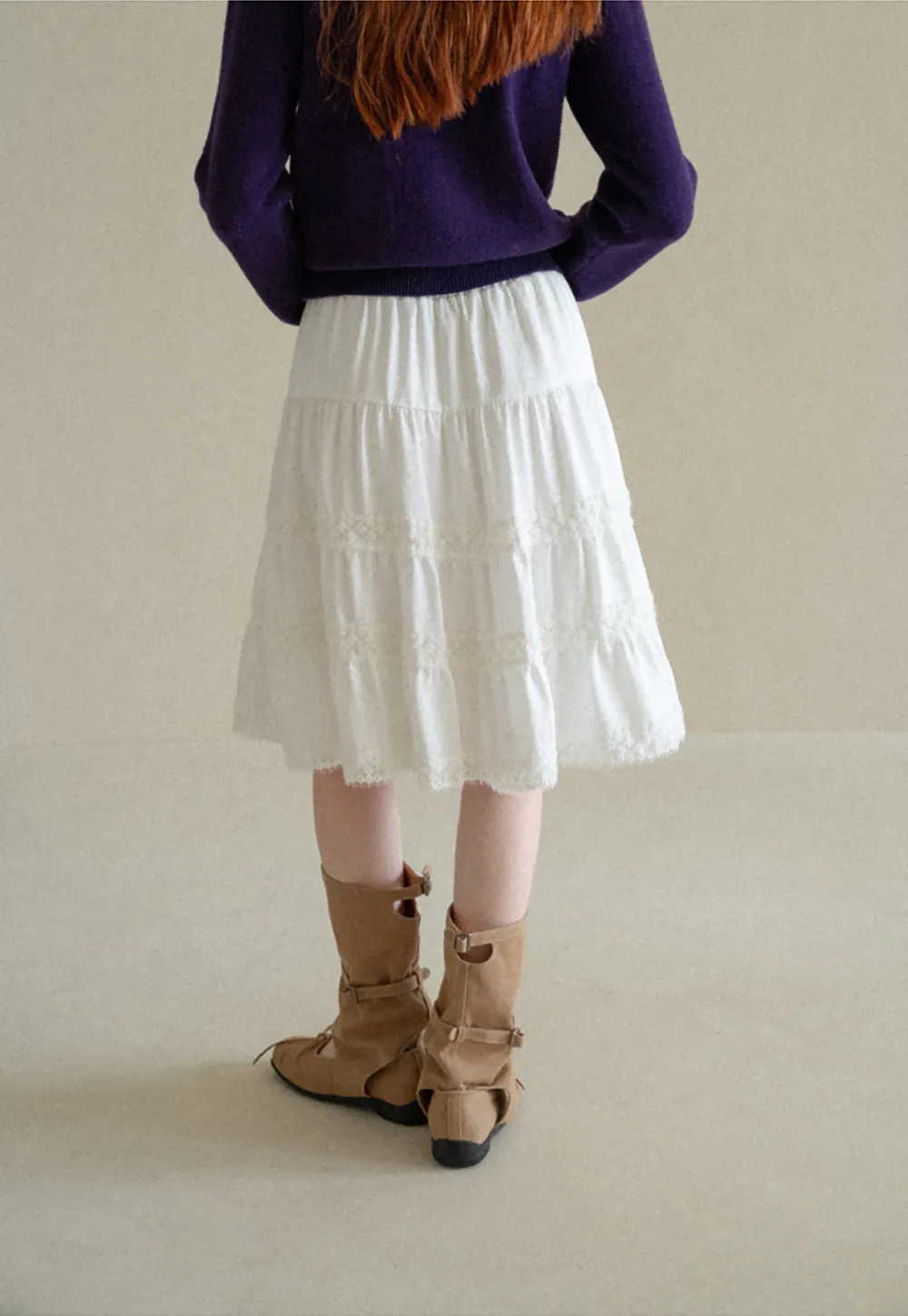 Tiered Skirt with Lace Trim and Elastic Waist