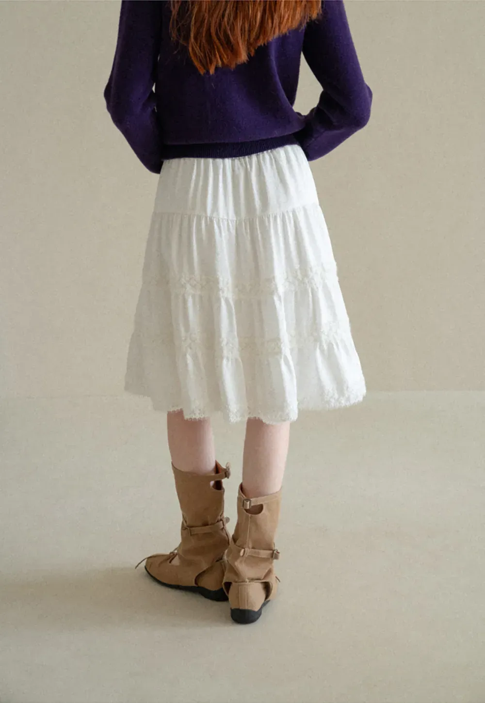 Tiered Skirt with Lace Trim and Elastic Waist