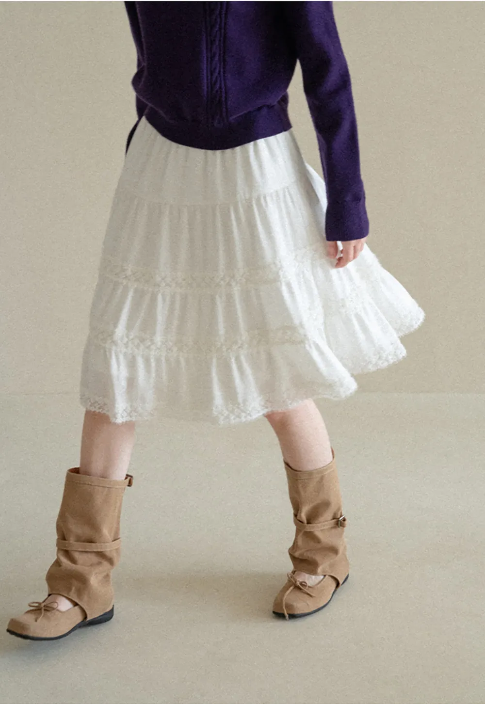 Tiered Skirt with Lace Trim and Elastic Waist