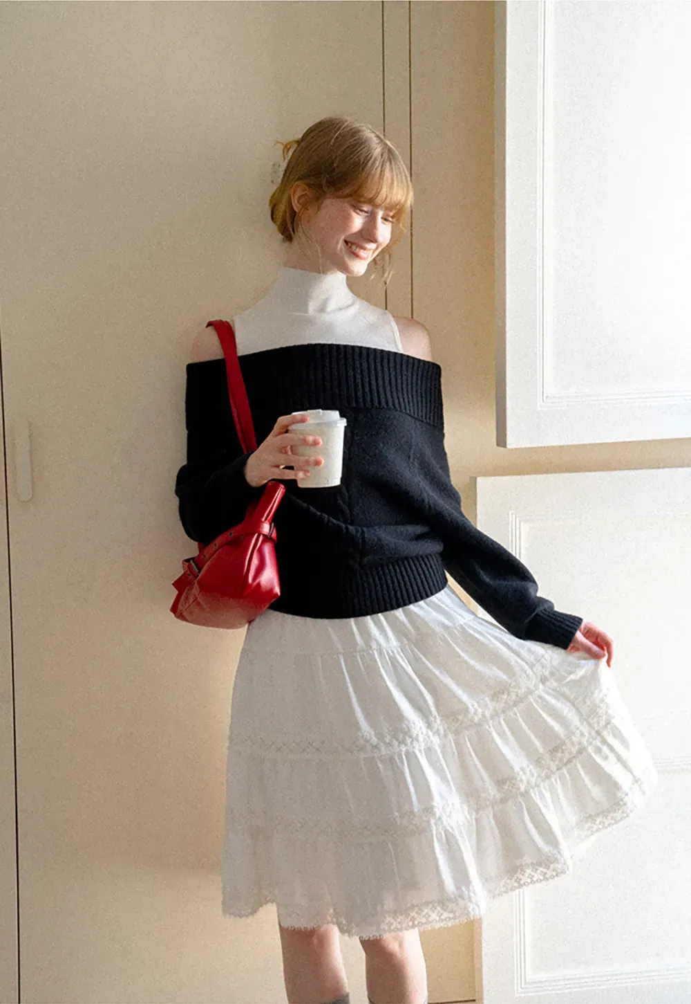 Tiered Skirt with Lace Trim and Elastic Waist