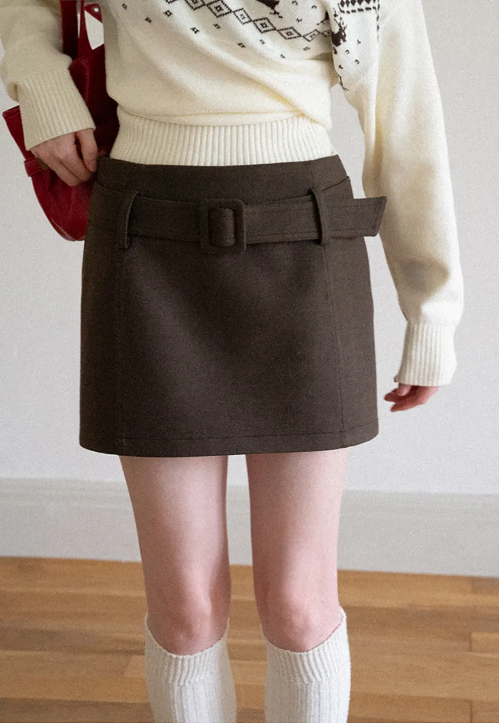 High Waist Belted A-Line Skirt