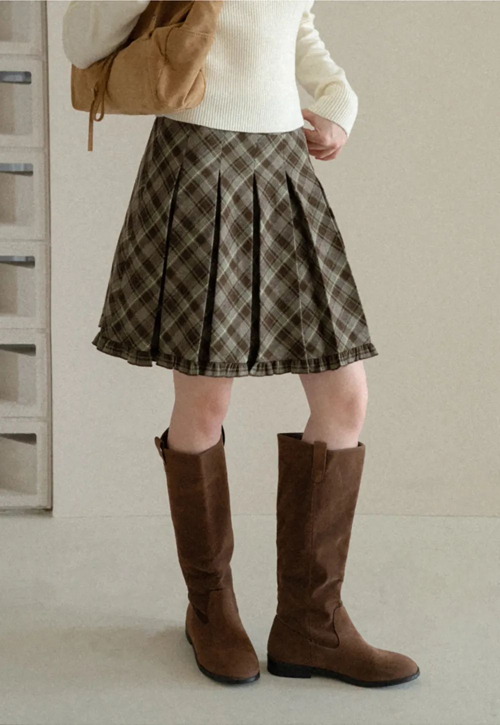 Plaid Pattern Flared Skirt with Ruffled Hem
