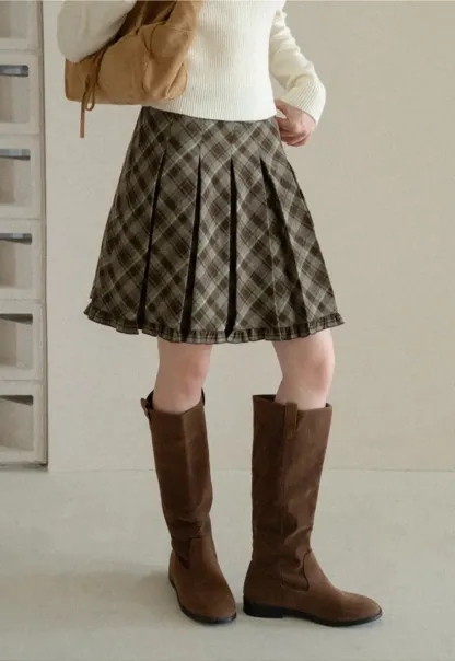 Plaid Pattern Flared Skirt with Ruffled Hem