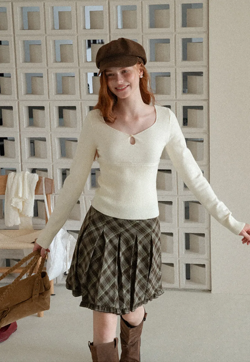 Plaid Pattern Flared Skirt with Ruffled Hem