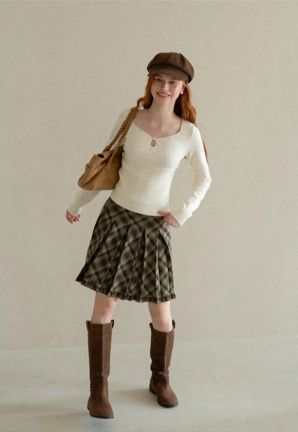 Plaid Pattern Flared Skirt with Ruffled Hem