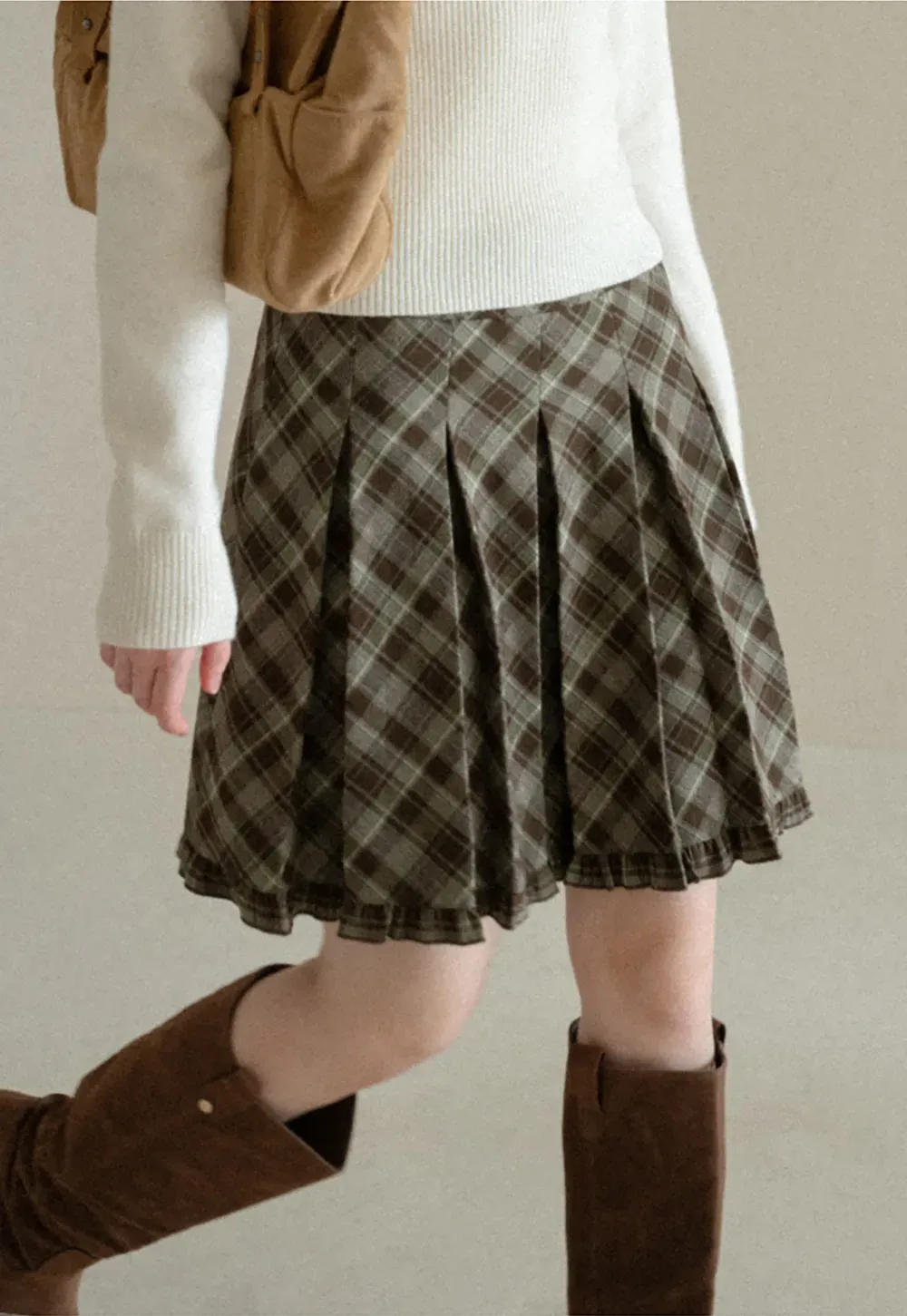 Plaid Pattern Flared Skirt with Ruffled Hem