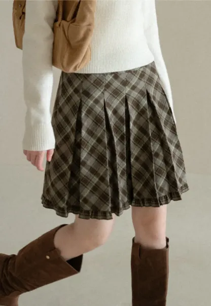Plaid Pattern Flared Skirt with Ruffled Hem