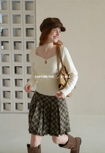 Plaid Pattern Flared Skirt with Ruffled Hem