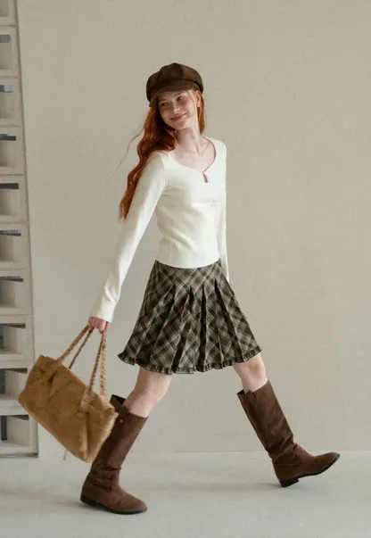 Plaid Pattern Flared Skirt with Ruffled Hem