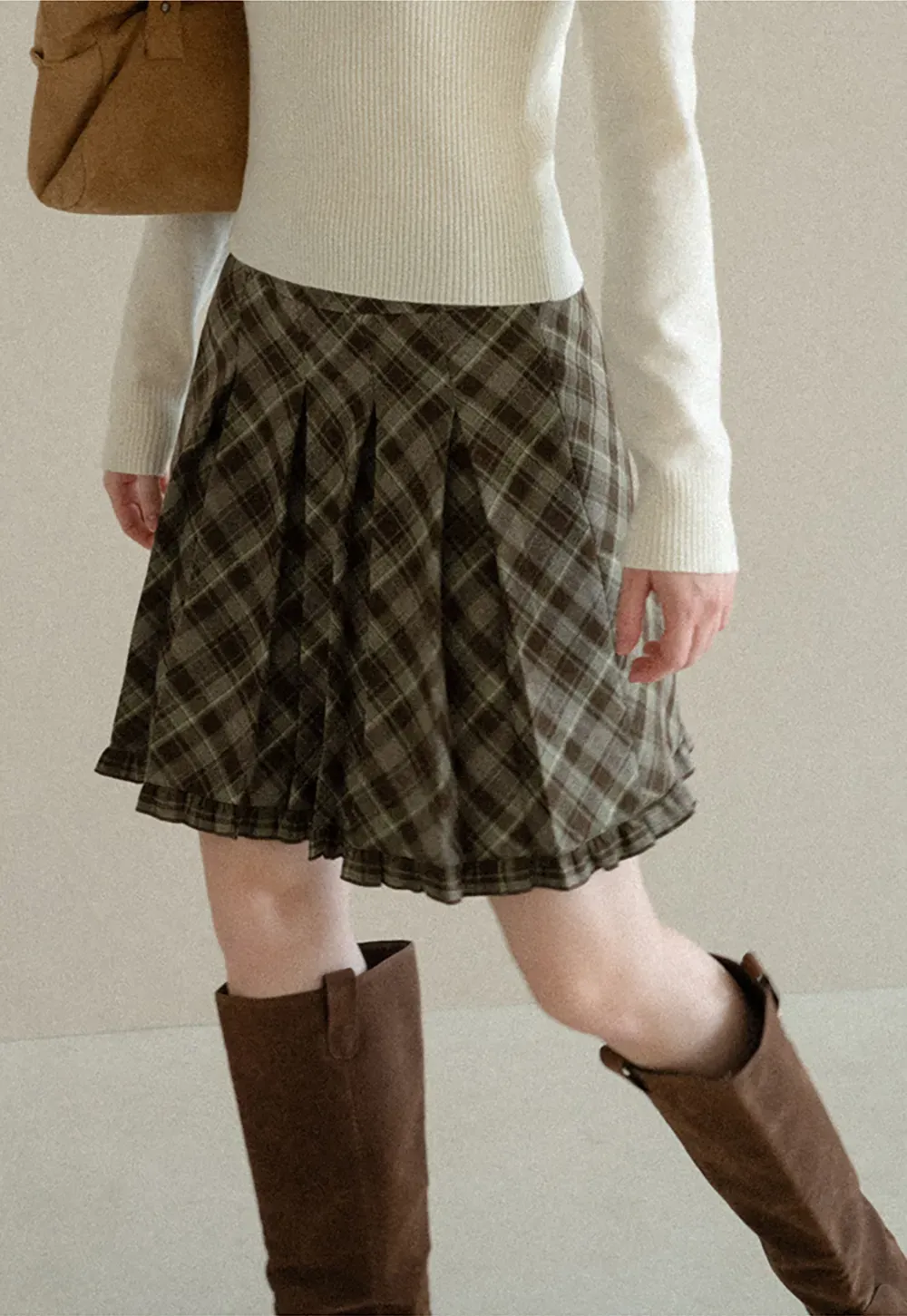 Plaid Pattern Flared Skirt with Ruffled Hem