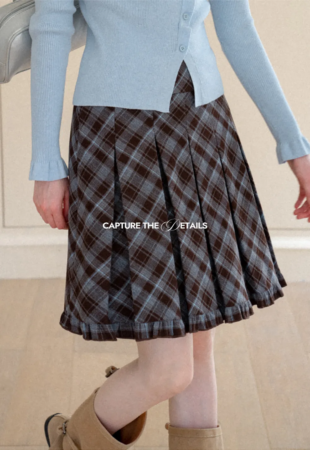 Plaid Pattern Flared Skirt with Ruffled Hem