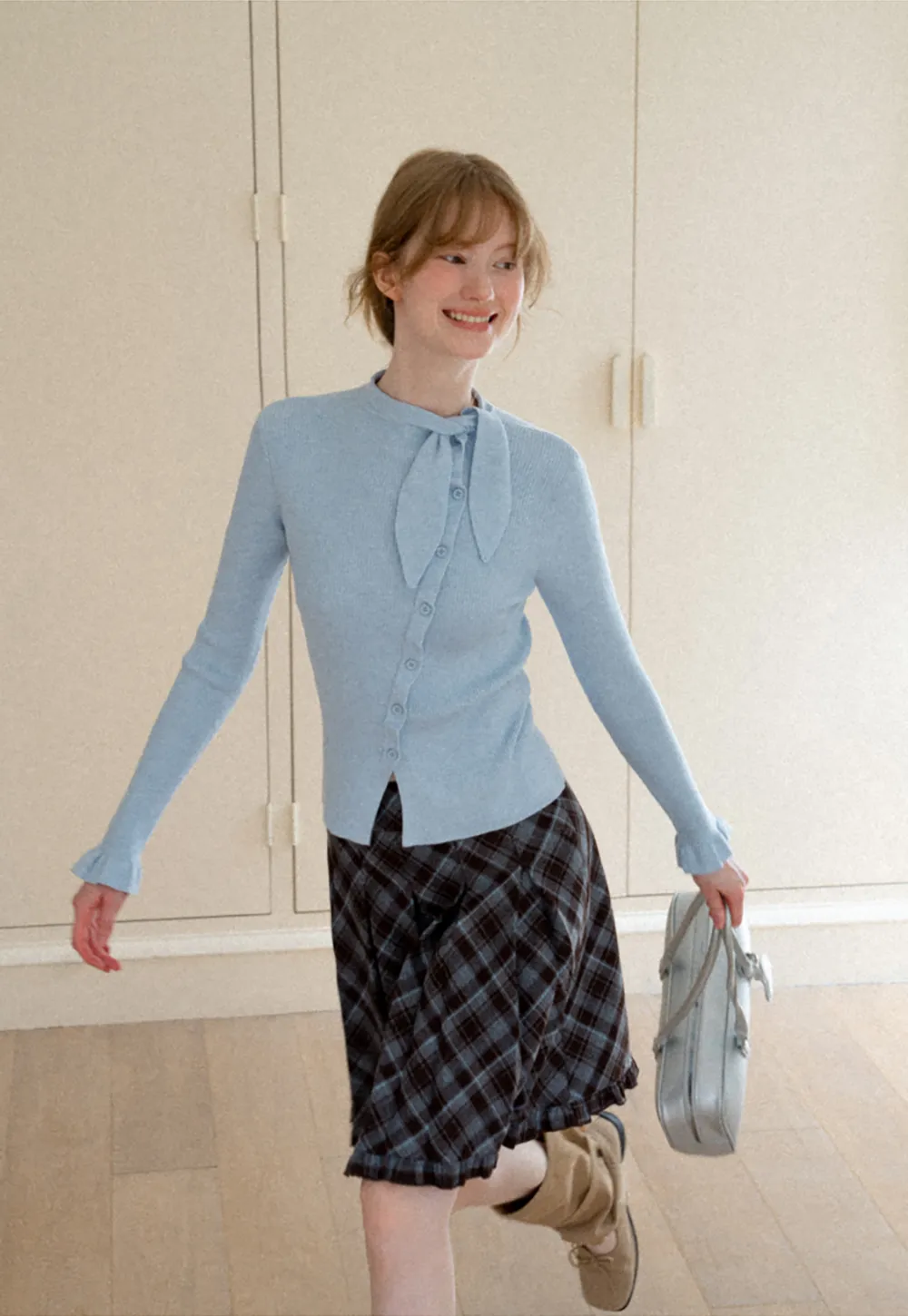 Plaid Pattern Flared Skirt with Ruffled Hem