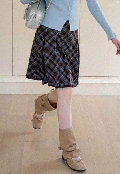 Plaid Pattern Flared Skirt with Ruffled Hem