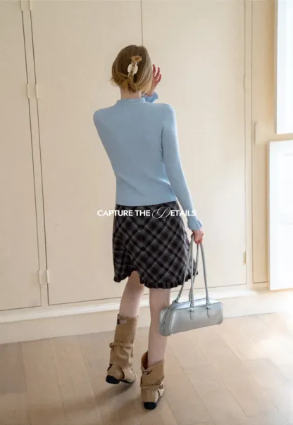 Plaid Pattern Flared Skirt with Ruffled Hem