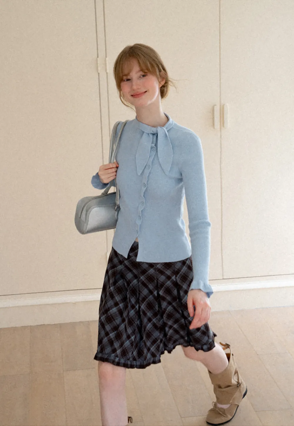 Plaid Pattern Flared Skirt with Ruffled Hem