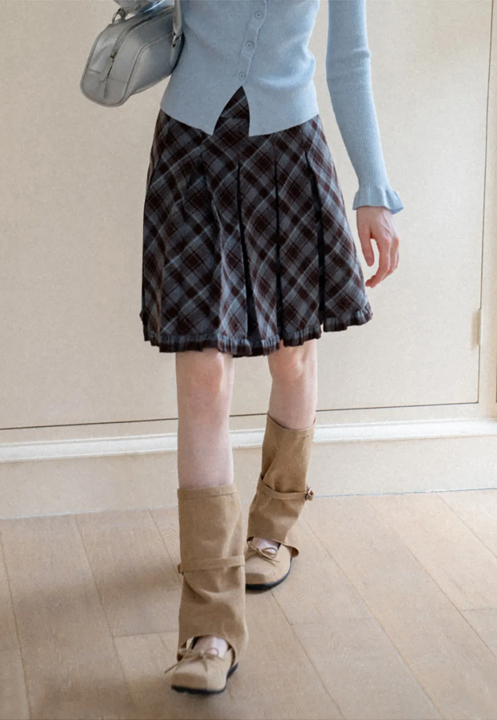 Plaid Pattern Flared Skirt with Ruffled Hem