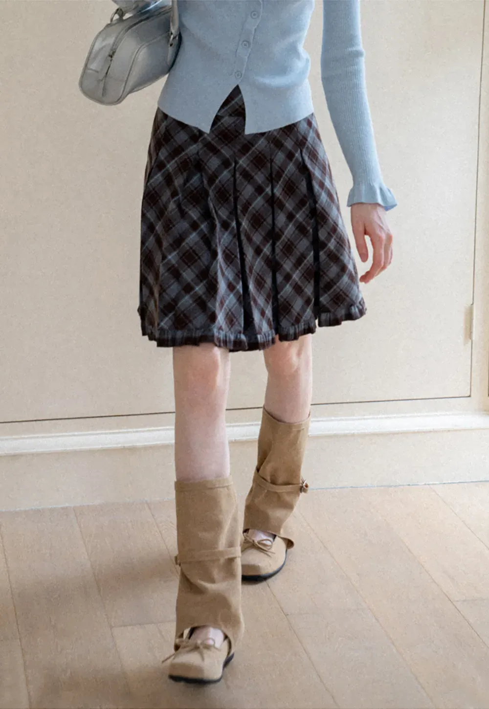 Plaid Pattern Flared Skirt with Ruffled Hem