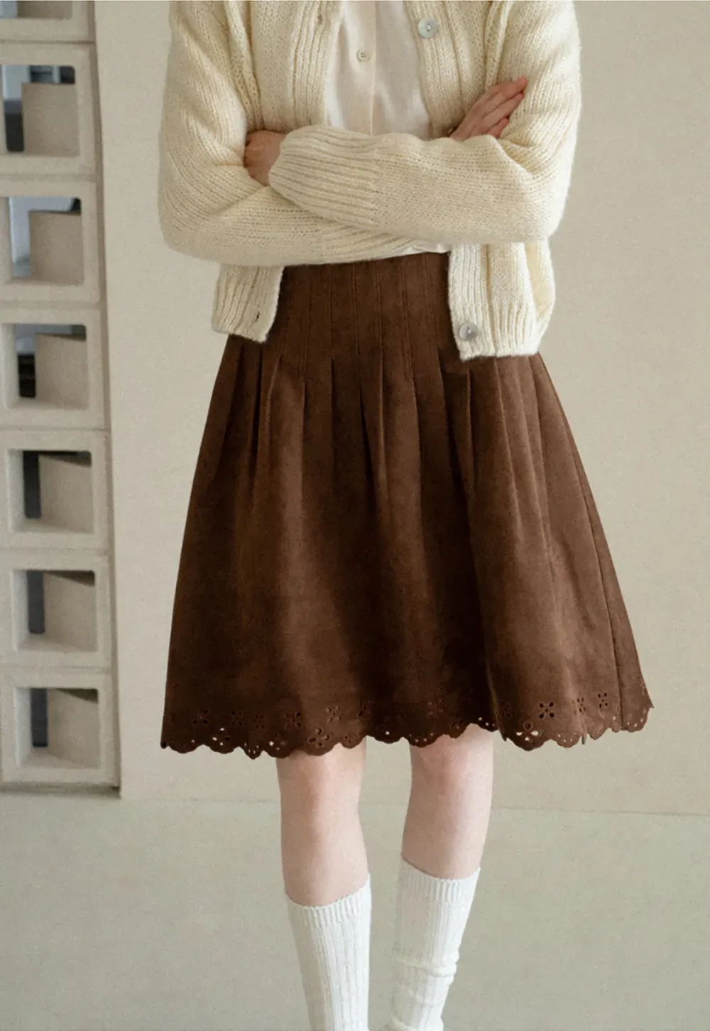Pleated Skirt with Laser Cut Floral Hem