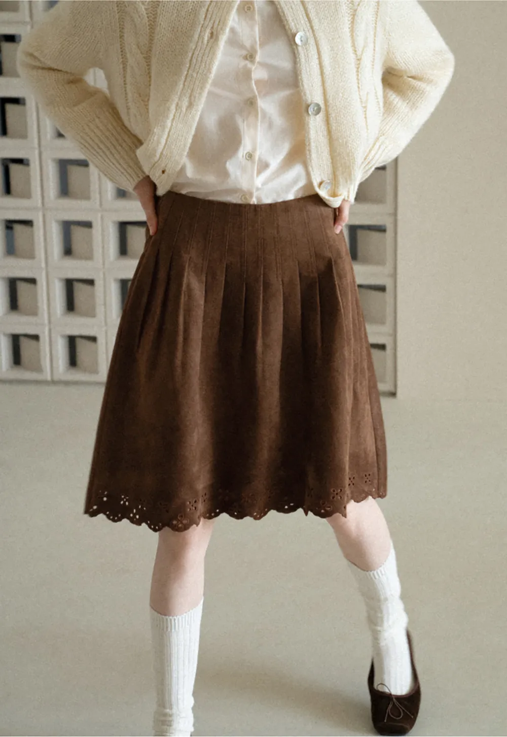 Pleated Skirt with Laser Cut Floral Hem