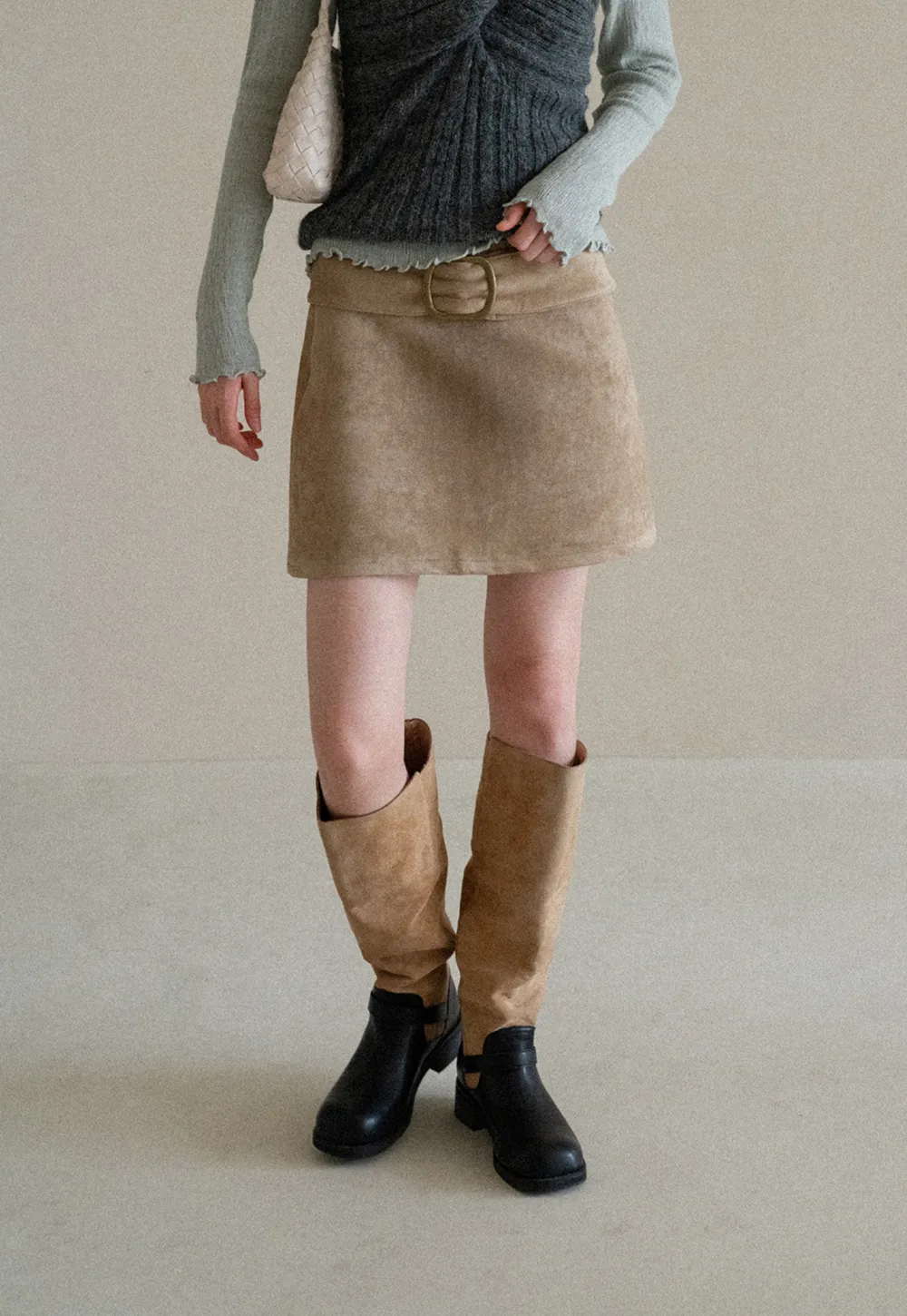Suede Mini Skirt with Belted Waistband