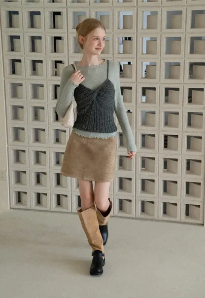 Suede Mini Skirt with Belted Waistband