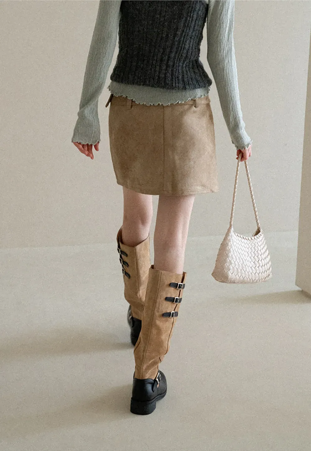 Suede Mini Skirt with Belted Waistband