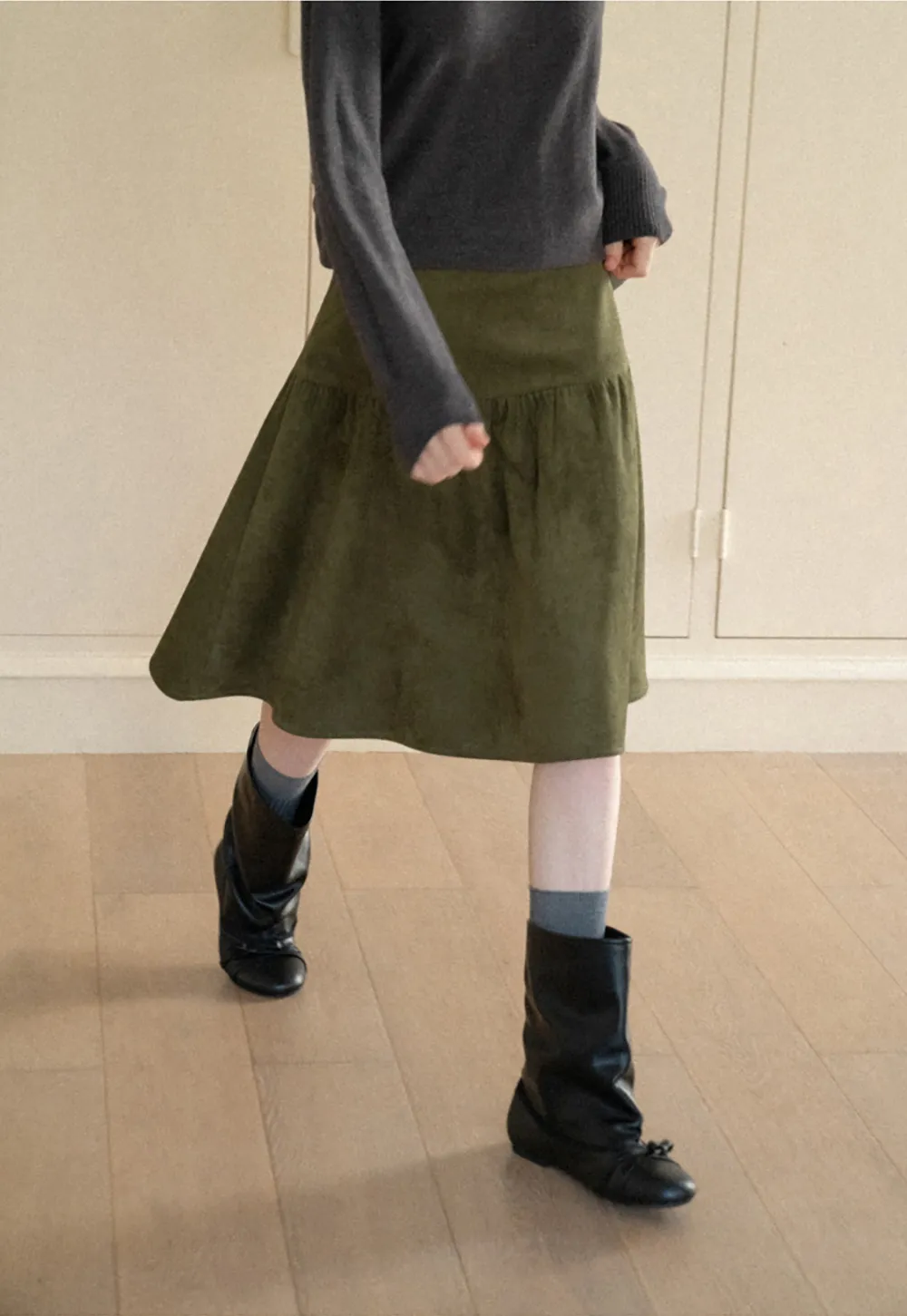 Tiered Suede Midi Skirt