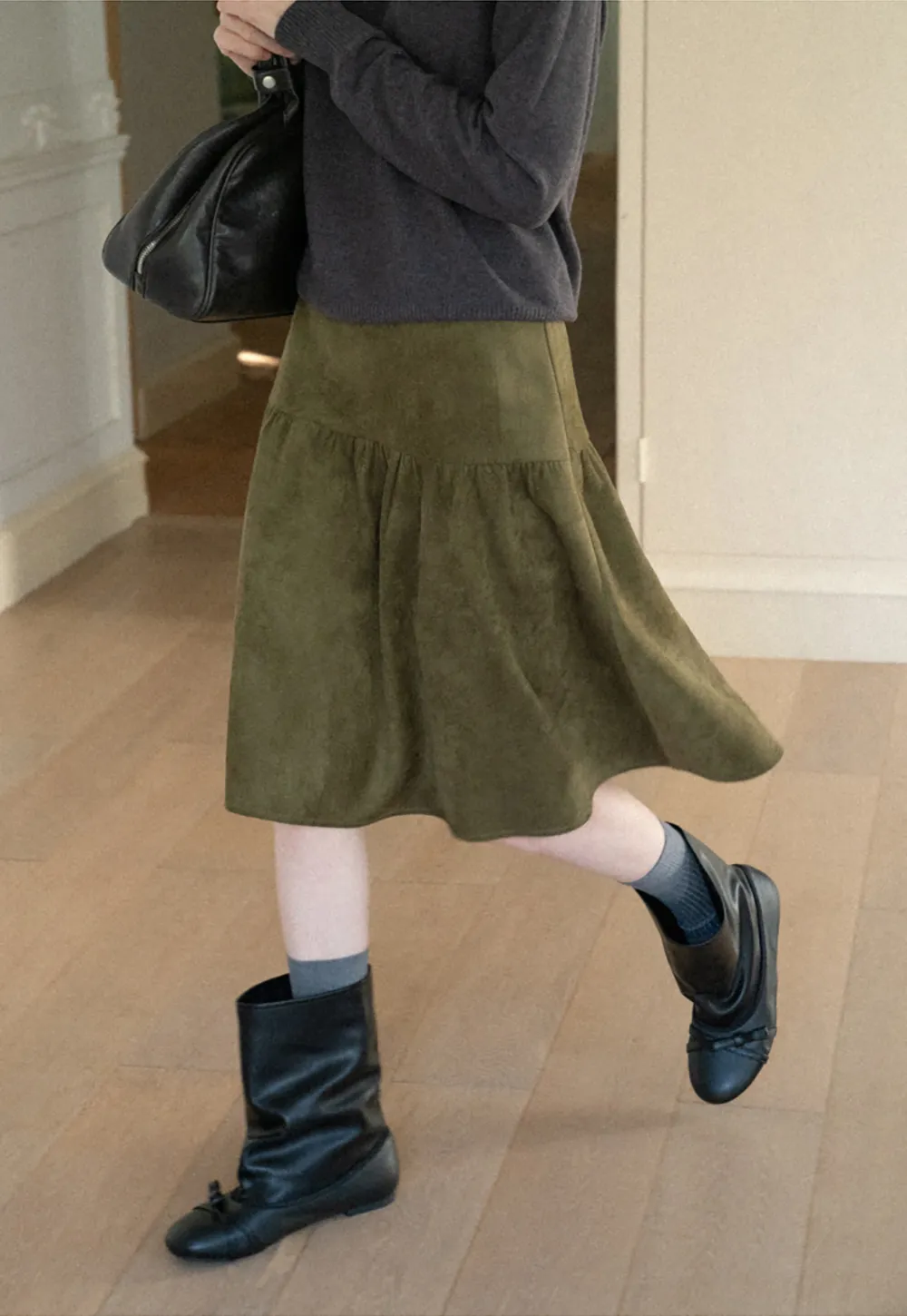 Tiered Suede Midi Skirt