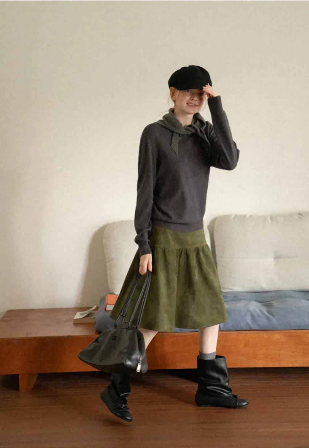 Tiered Suede Midi Skirt