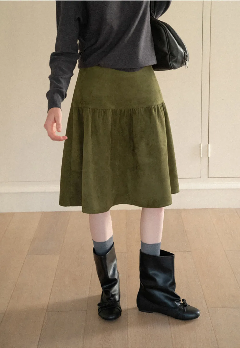 Tiered Suede Midi Skirt