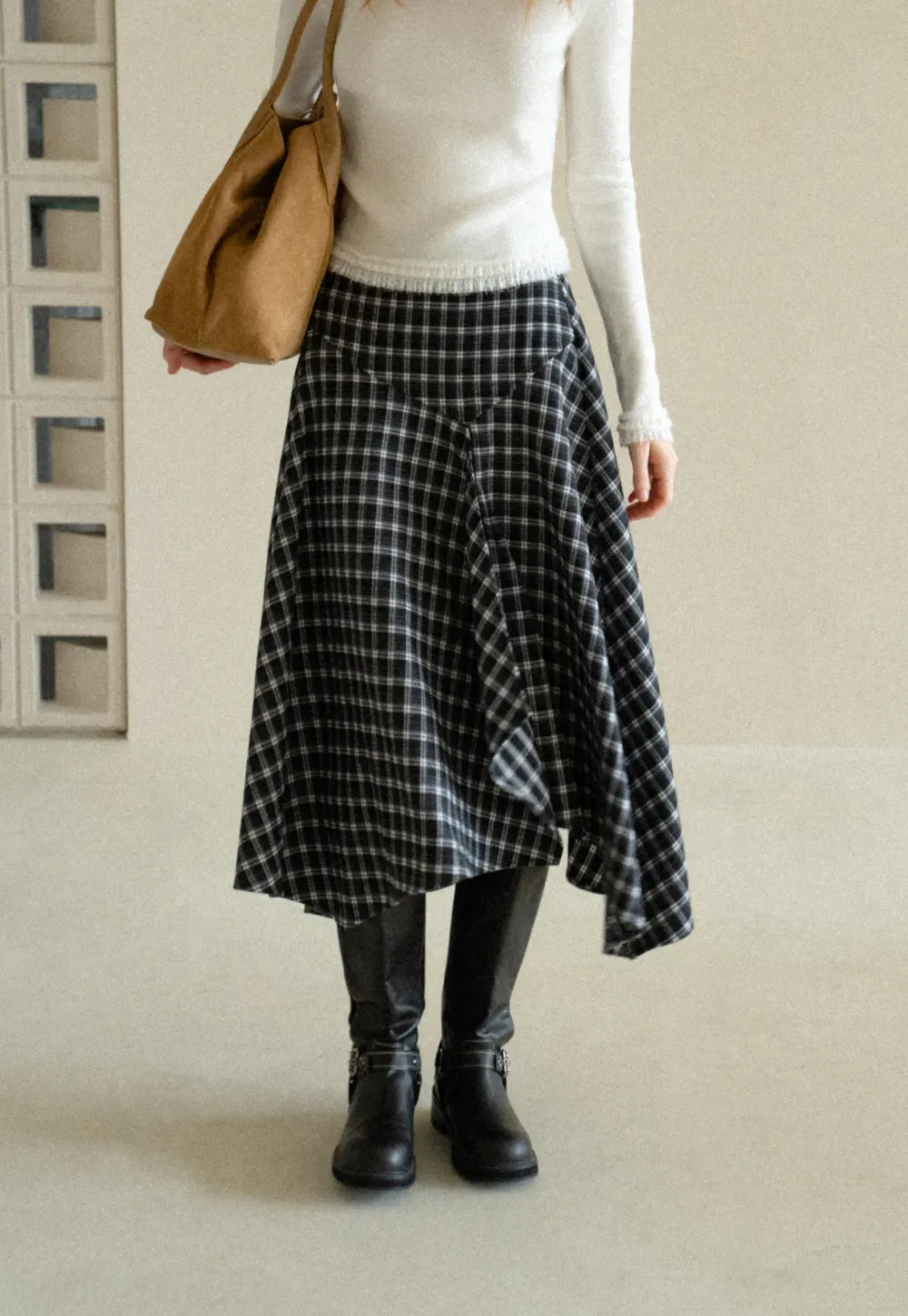 Asymmetrical Hem Plaid Midi Skirt