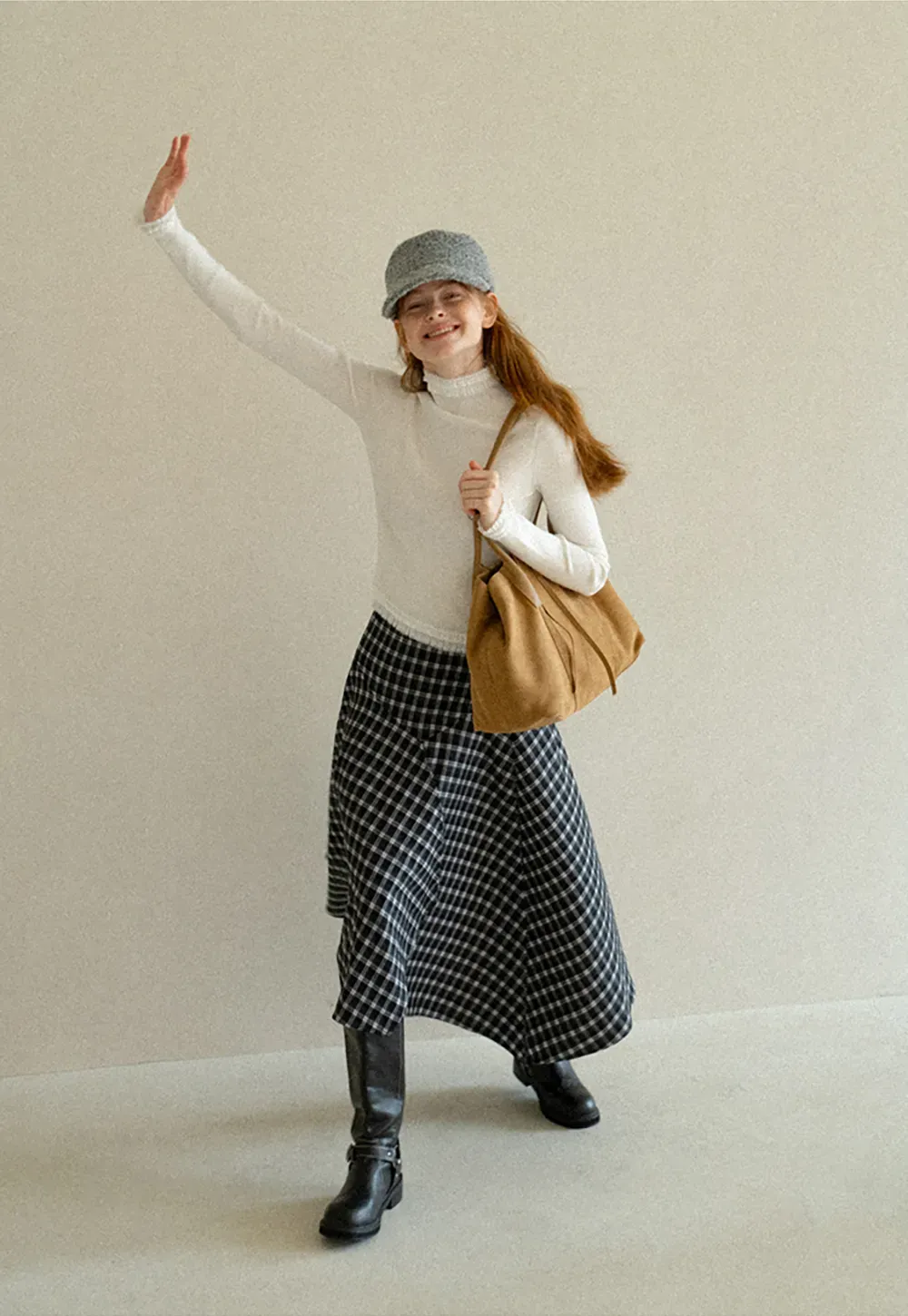 Asymmetrical Hem Plaid Midi Skirt