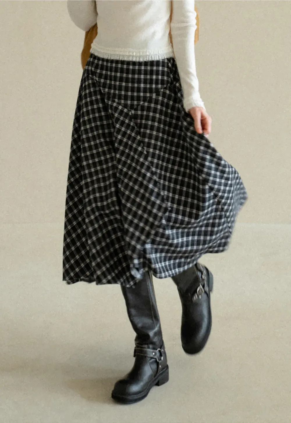 Asymmetrical Hem Plaid Midi Skirt