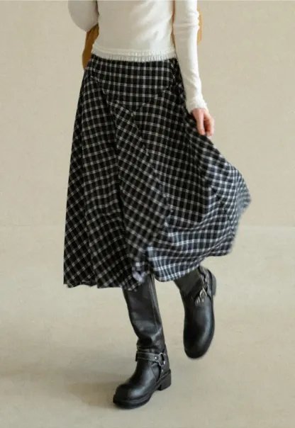 Asymmetrical Hem Plaid Midi Skirt